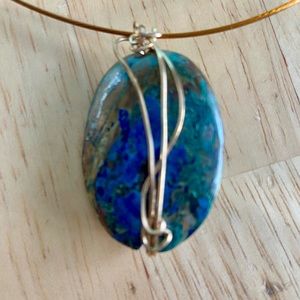 Wire-wrapped blue and green stone necklace